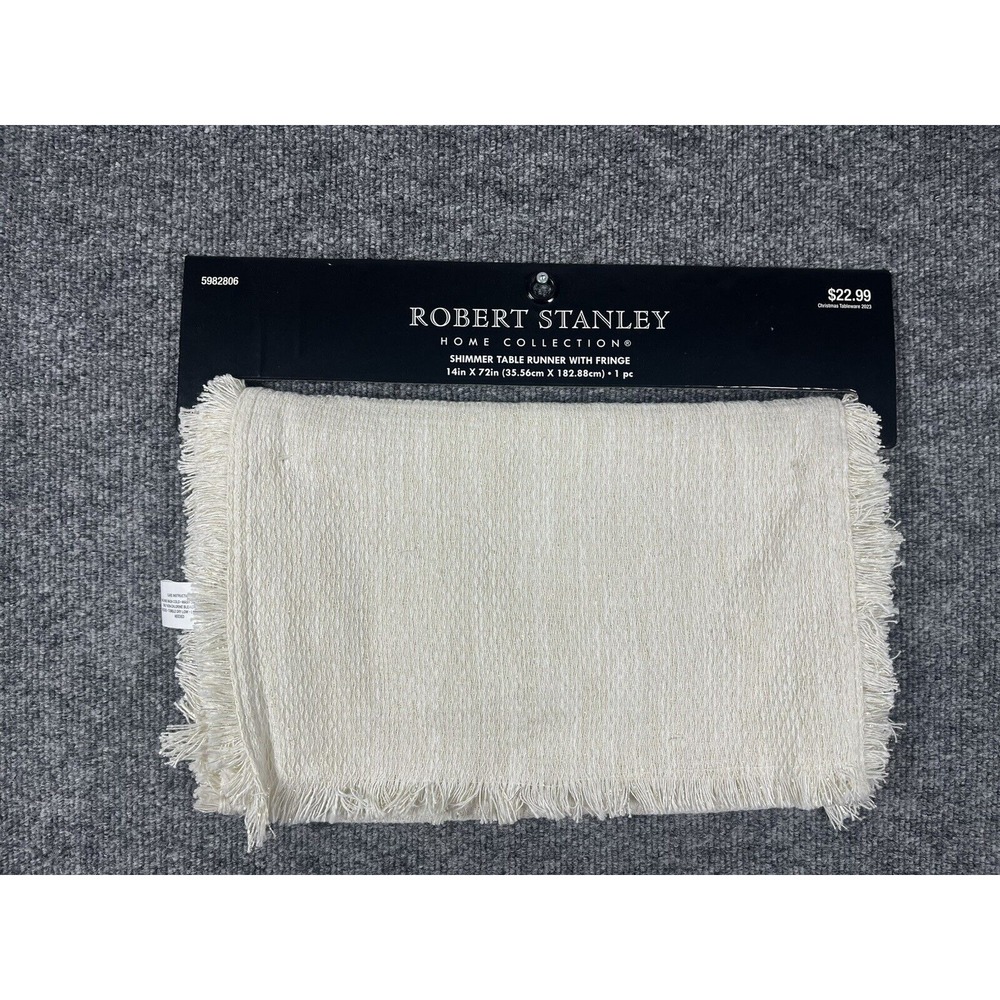 Robert Stanley Shimmer Table Runner with Fringe Cream Gold 14x72 NWT 5982806